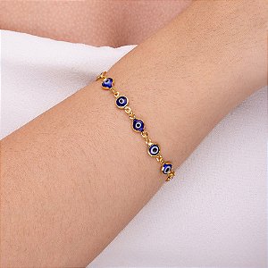 Pulseira de olho grego redondo azul bic folheado a ouro