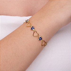 Pulseira de coração vazado com olho grego azul bic folheado a ouro