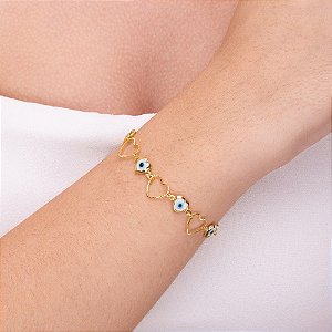 Pulseira de coração vazado e olho grego folheado a ouro