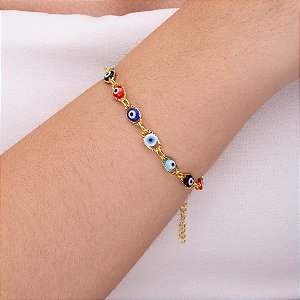 Pulseira de olho grego colorido em elos dourado folheado a ouro