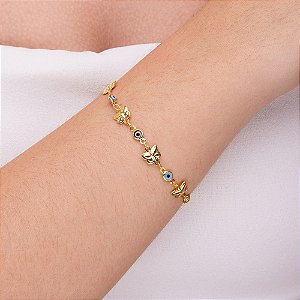 Pulseira de olho grego com borboletas intercaladas folheada a ouro