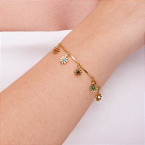 Pulseira florzinhas coloridas folheada a ouro