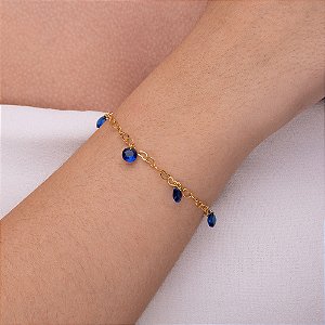 Pulseira com pedra azul bic na corrente de coração folheado a ouro