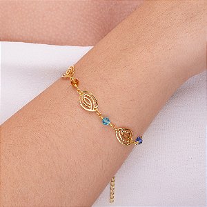 Pulseira bolinhas coloridas folheada a ouro