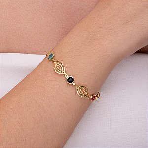 Pulseira com chapa diamantada e pedrinhas coloridas