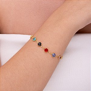 Pulseira com pedrinhas redondas coloridas folheada a ouro