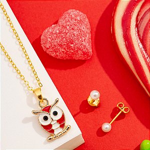 Conjunto infantil com pingente de coruja vermelha
