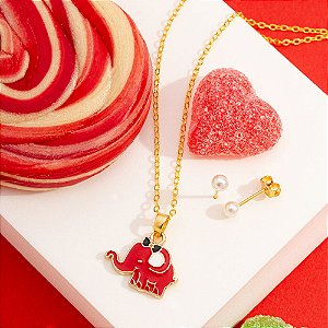 Conjunto infantil com pingente de elefante vermelho e brinco de pérola folheado a ouro