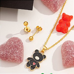 Conjunto infantil com pingente de urso e brinco de bolinha folheado a ouro