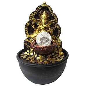 Fonte de Água Ganesha com Moedas 2 Quedas com Led Bivolt - 28cm