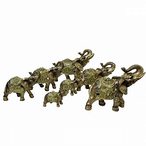 Jogo C/ 7 Elefantes Indianos Dourados Espelhados