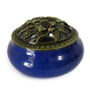 Turíbulo de Porcelana com Flores 10cm - Azul Escuro