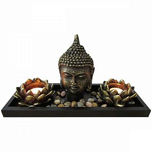 Castiçal Zen Garden Com Buda Bronzeado 15cm