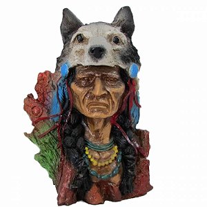 Estátua Busto Índio com Cabeça de Lobo 16cm