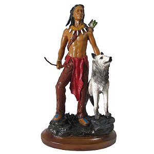 Estátua Índio Guerreiro com Lobo 32cm