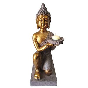 Estátua Buda Com Castiçal em Resina 44cm