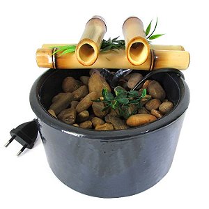 Fonte de Água em Cerâmica e Bambu Redonda 2 Quedas 18cm - Preto