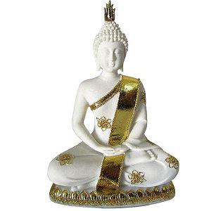 Estátua Buda Tibetano Branco com Dourado 21cm