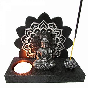 Incensário e Porta Vela Buda em Resina 12cm - Prateado com Preto