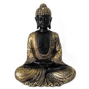 Estátua Buda Sentado 23cm - Preto e Dourado