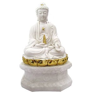 Estátua Buda Branco com Dourado 28cm