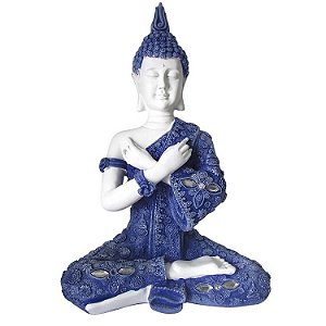 Estátua Buda Tibetano Sentado 29cm - Azul e Branco