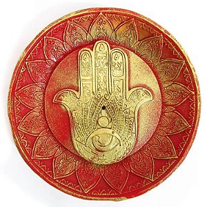 Incensário Prato Mão Hamsa 12cm - Vermelho com Dourado
