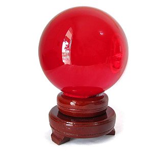 Bola de Cristal Vermelha de Mesa Office 11cm Com Base de Madeira