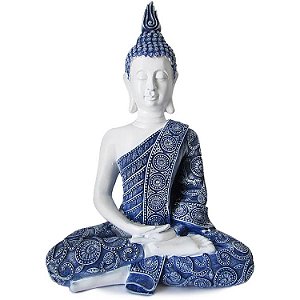 Buda Tailandês Zen Branco e Azul 32cm