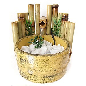 Fonte de Água em Cerâmica e Bambu Redonda Zen G 20cm - Ocre