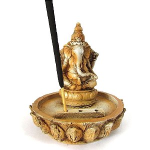 Incensário 3 Furos Ganesha na Flor de Lótus em Resina 9cm - Bege
