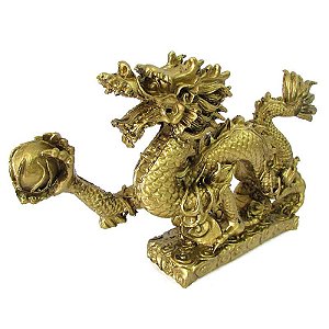 Dragão Chinês Dourado com Esfera 22cm