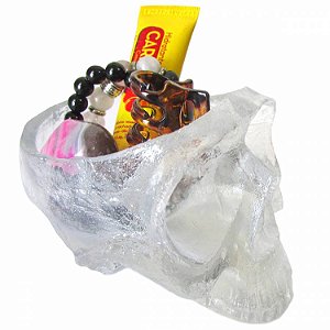 Caveira de Cristal em Resina Transparente - Castiçal 11cm + Brinde 1 Vela com Latinha