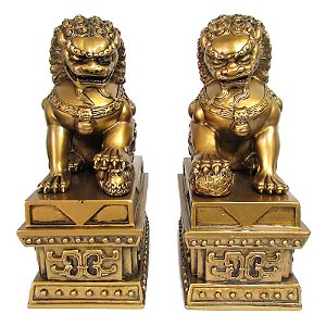 Leões Chineses Guardiões do Templo Bronze 19,5cm - Um Par de Shishi Leão
