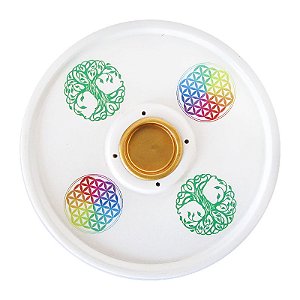 Incensário Redondo 4 Furos Branco 14,5cm - Árvore da Vida e Flor da Vida
