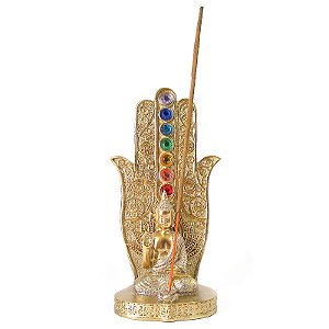 Incensário Mão Hamsa Dourado com Buda e 7 Chakras 15cm