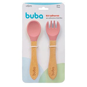 Kit Talheres Silicone e Bambu Rosa Bebe Alimentação