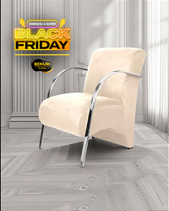 Poltrona - Braço Metálico - Veludo (Bege)