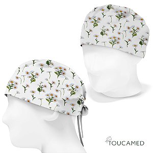 Touca Cirúrgica, Floral, Flores Brancas, Margaridas, Fundo Branco