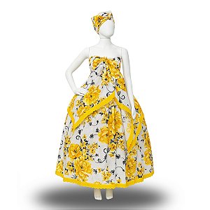 Baiana Branca C/ Rosas Amarela 3 Peças  - Umbanda e Candomblé