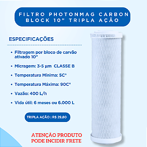 Refil Carbon Block 9" Tripla Ação – Para Filtros e Purificadores de Água