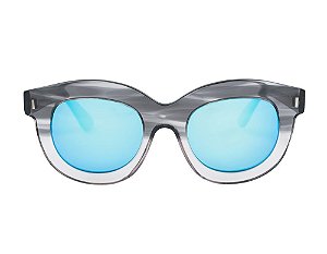 Gilda cristal cinza gradiente com lentes em metal azul