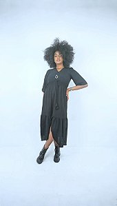 VESTIDO MIDI LASTEX NA CINTURA COM BABADO
