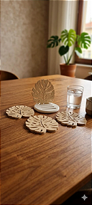 Porta copos estilo folhas, conjunto com 4 + base