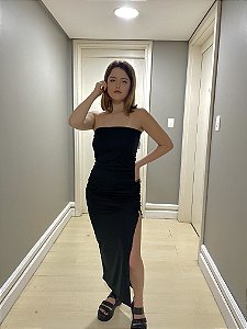 Vestido longo preto tomara que caia drapeado