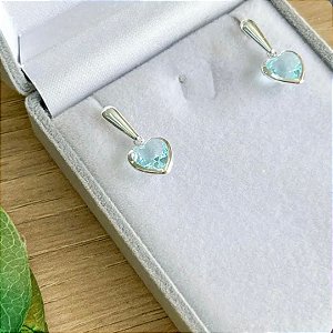 Brinco Feminino Coração Azul Claro altura 2 cm Prata 925