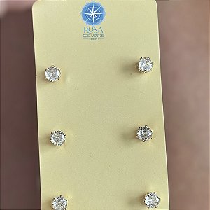 Brinco Trio Zirconias 4mm banho de ouro amarelo