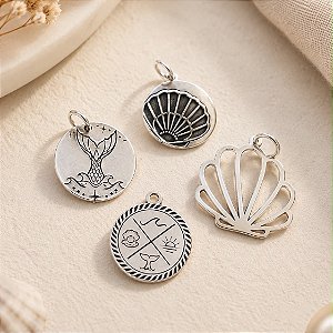 Pingente Medalha Onda, Concha, Sol Rabo de Sereia Prata 925