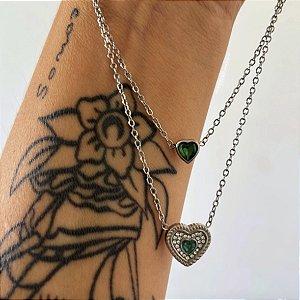 Gargantilha Dupla Coração Aço Cirutgico Verde e Prata 925