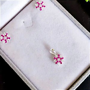 Conjunto Brinco e Pingente Flor Prata 925 e Zircônias Brancas e Rosas
